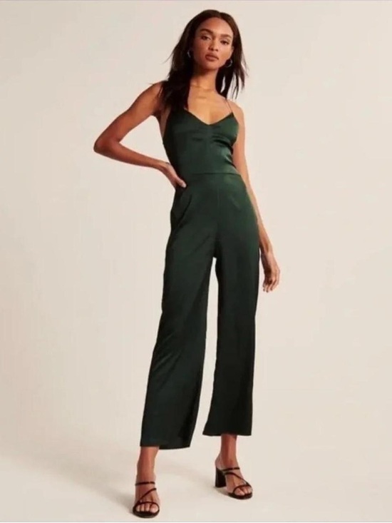 Abercrombie & Fitch Pants - Abercrombie & Fitch Satin V-Neck Wide-Leg Jumpsuit - Dark Green